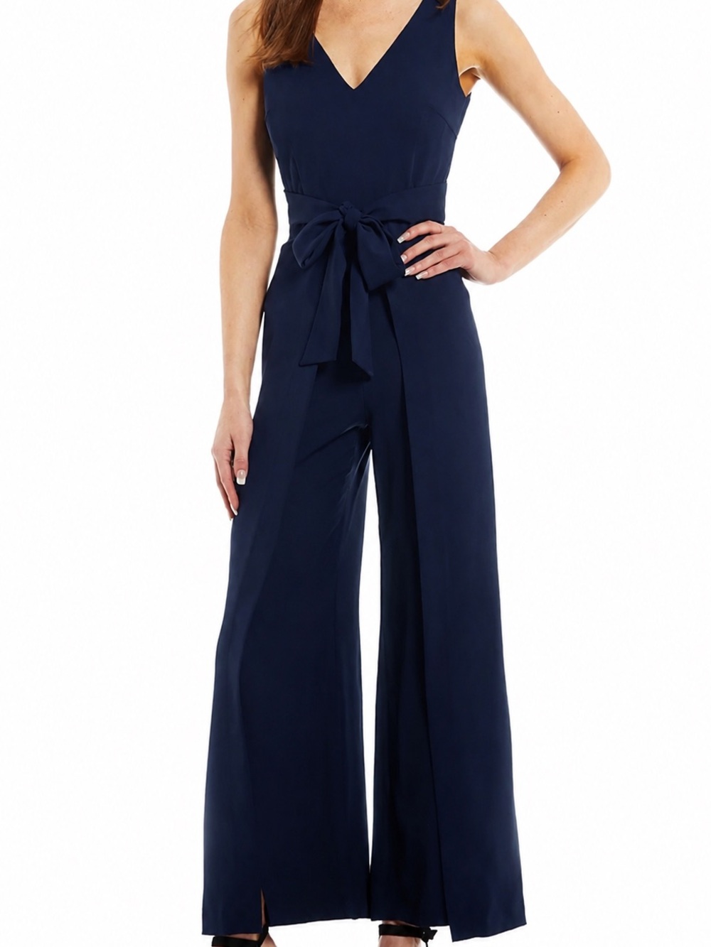 Antonio Melani- Sleeveless V-Neck Navy Wide-Leg Jumpsuit with Waist Tie